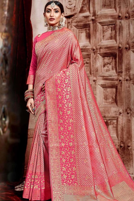 Fashionable Art Silk Pink Saree in Weaving