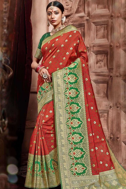Weaving Art Silk Saree in Red & Green with Blouse