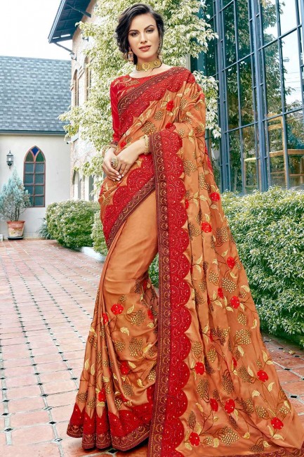 Georgette & Satin Saree with Embroidered in Red & Beige