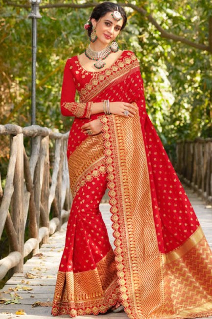 Red Saree in Jacquard & Silk with Embroidered