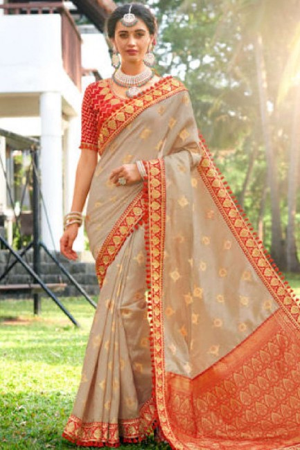 Pale Grey Embroidered Saree in Jacquard & Silk