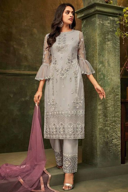 Net Grey Palazzo Suits with dupatta