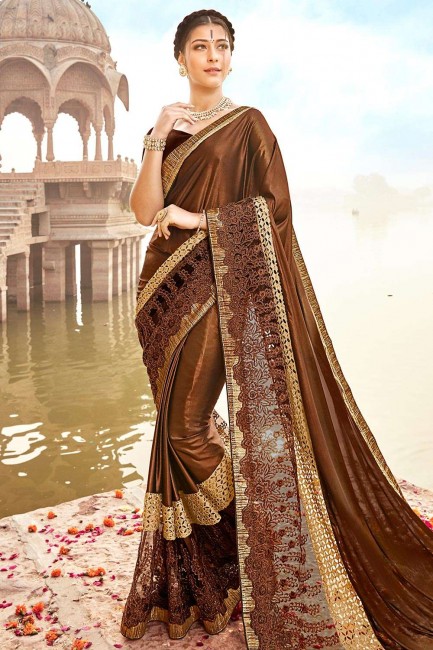 Embroidered Saree in Brown Net & Lycra