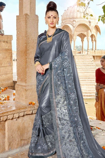 Embroidered Saree in Grey Net & Lycra