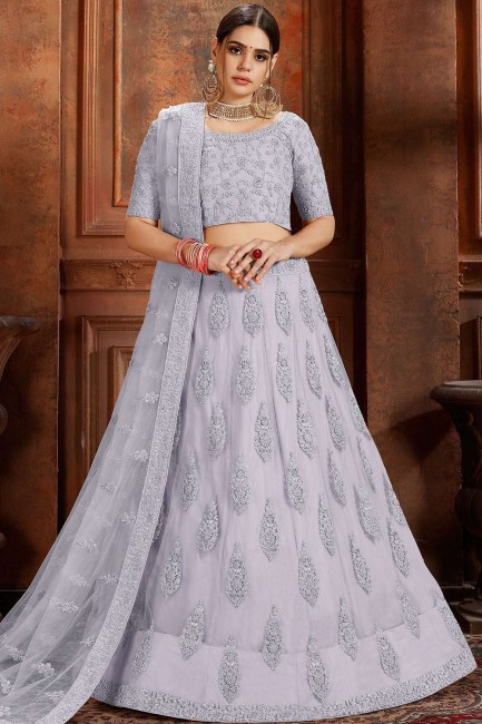 Net Lehenga Choli with Embroidery in Grey with Dupatta