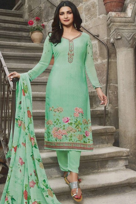 sea Green Crepe Crepe Straight Pant Suit with dupatta