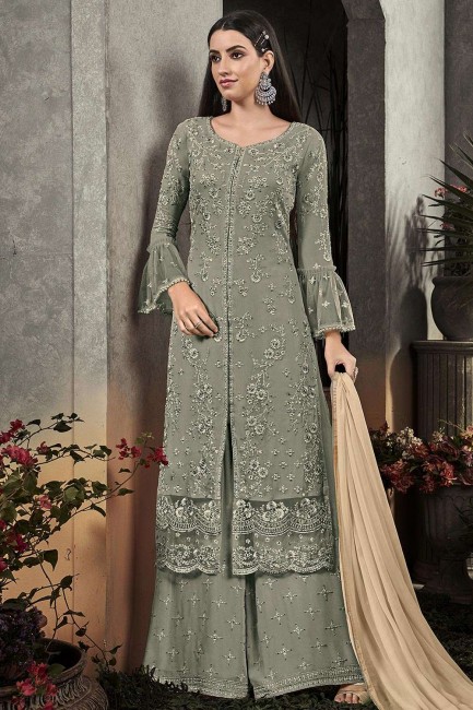 Teal Grey Georgette Palazzo Suits with dupatta