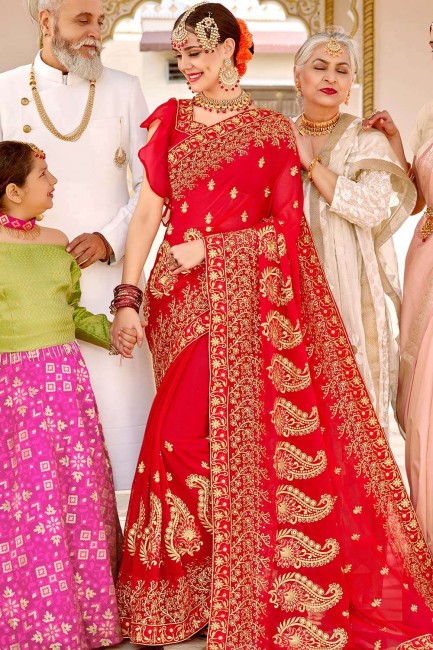 Stylish Embroidered Georgette Saree in Red with Blouse