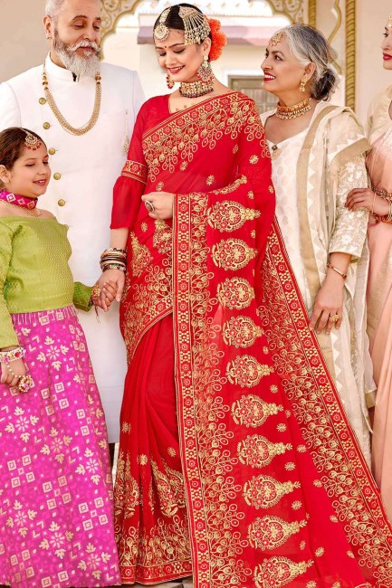 Dazzling Red Embroidered Saree in Georgette