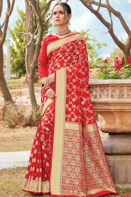 Classy Art Silk Saree in Red with Weaving