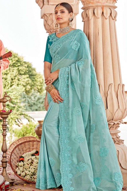 Chiffon Embroidered Light Blue Saree with Blouse
