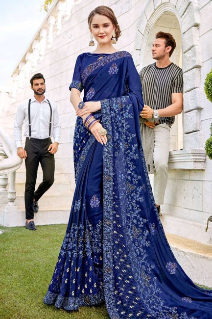 Brasso & Georgette & Satin Royal Blue Saree in Embroidered