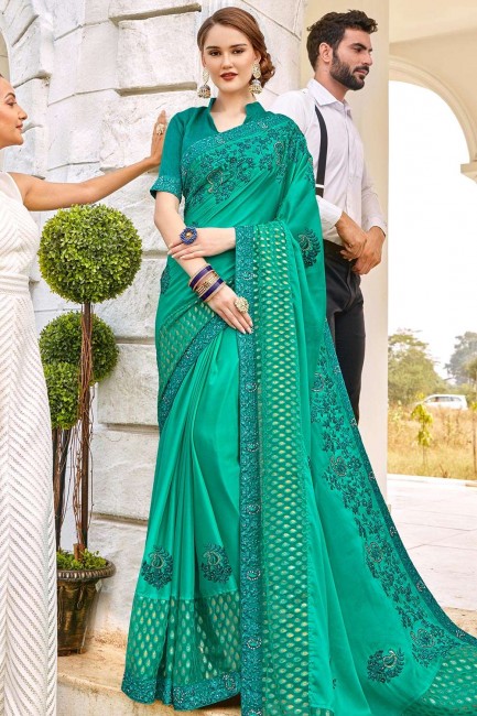 Sea Green Brasso & Satin Saree with Embroidered