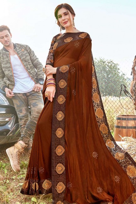 Georgette & Satin Embroidered Brown Saree with Blouse