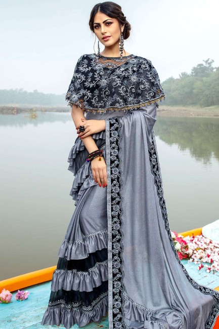 Lycra Saree with Embroidered in Grey