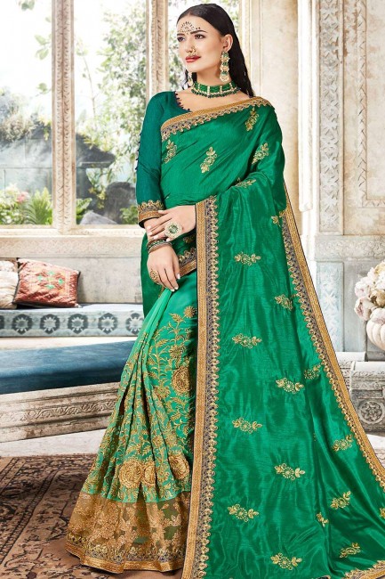 Saree in Light Green Green Georgette & Art Silk with Embroidered