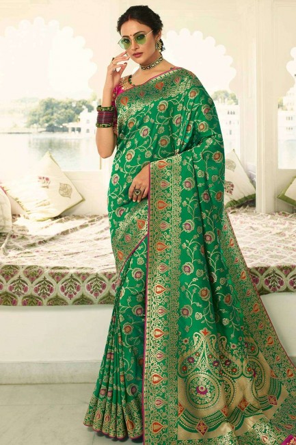 Appealing Art Silk Embroidered Green Saree with Blouse