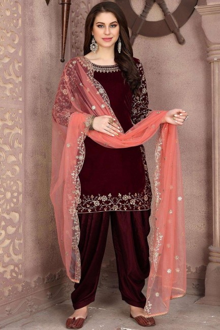 Maroon Patiala Suits in Velvet with Velvet