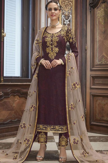 Palazzo Suits in Wine  Silk with Silk