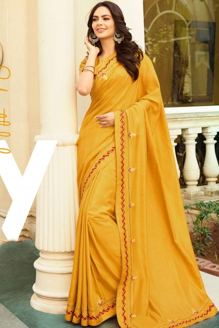 Mustard Yellow Silk Saree with Embroidered