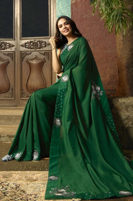 Dark Green Saree in Silk with Embroidered