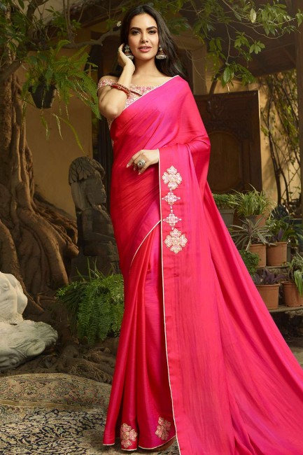 Rani Pink Saree in Silk with Embroidered