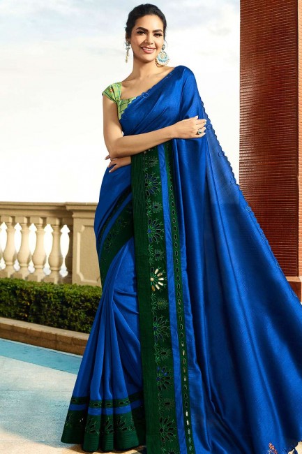 Traditional Embroidered Saree in Royal Blue Silk