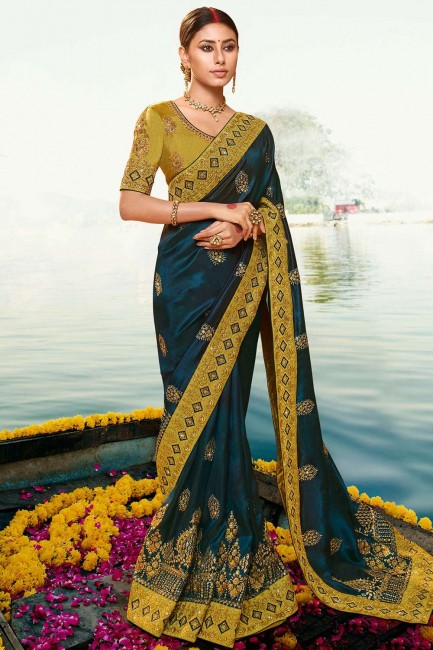 Teal Blue Saree in Embroidered Silk