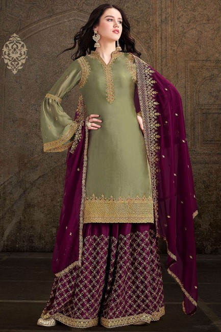 Satin Satin Olive Green Sharara Suits with dupatta
