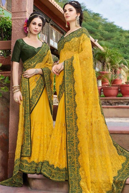 Adorable Yellow Saree in Georgette with Embroidered