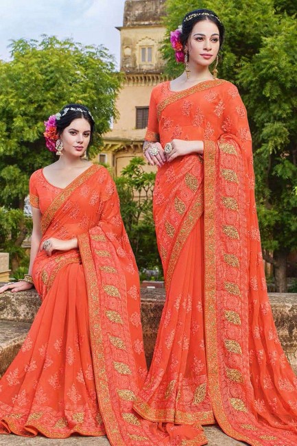 Orange Saree in Georgette with Embroidered