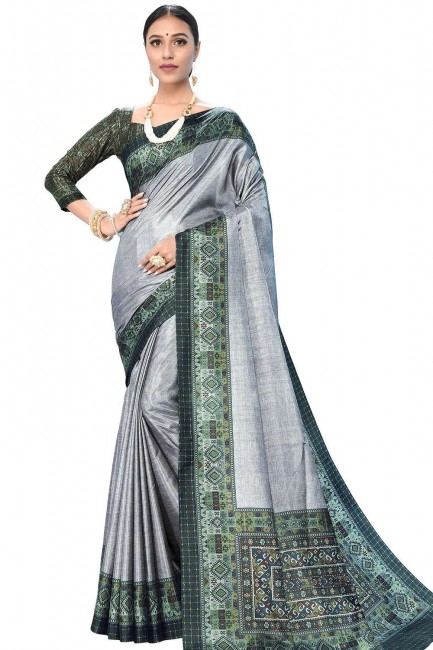 Grey Art Silk Printed Saree with Blouse