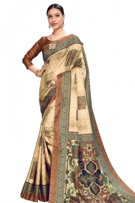 Printed Saree in Beige Art Silk