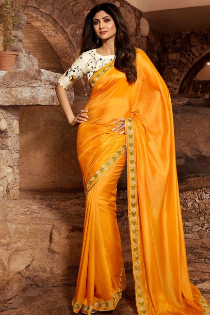 Mustard Yellow Saree in Satin & Silk with Embroidered