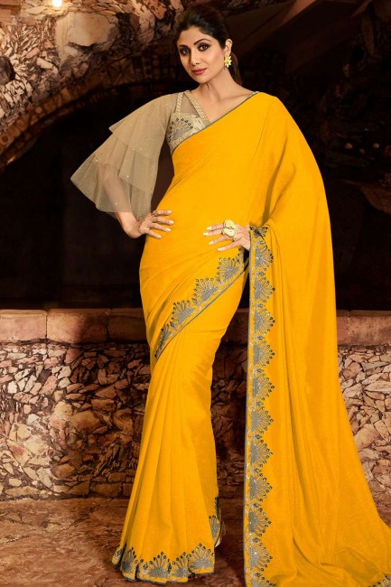 Embroidered Saree in Yellow Silk