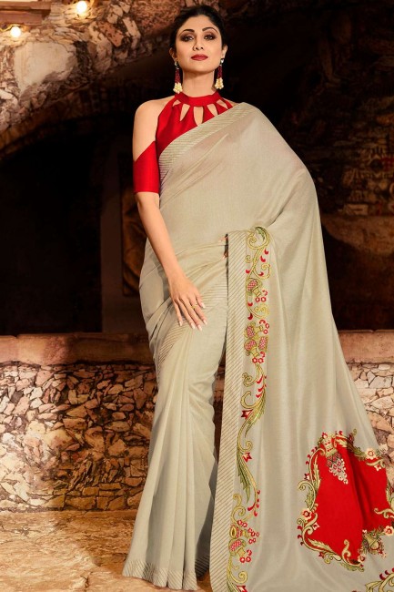 Silk Saree in Pale Grey with Embroidered