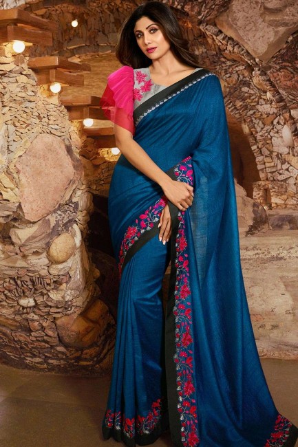 Saree in Royal Blue Silk with Embroidered