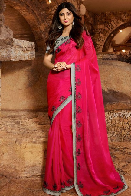 Embroidered Saree in Rani Pink Georgette & Satin