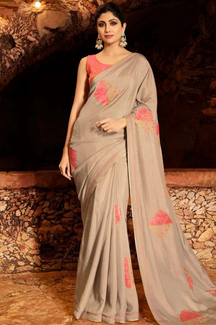 Embroidered Silk Dusty Grey Saree Blouse