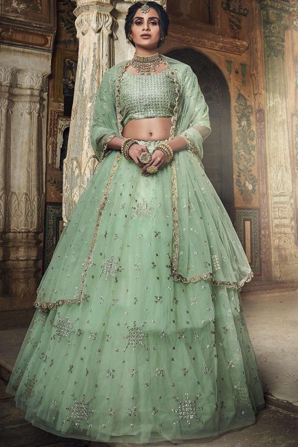 Net Lehenga Choli with Embroidery in Pastel Green