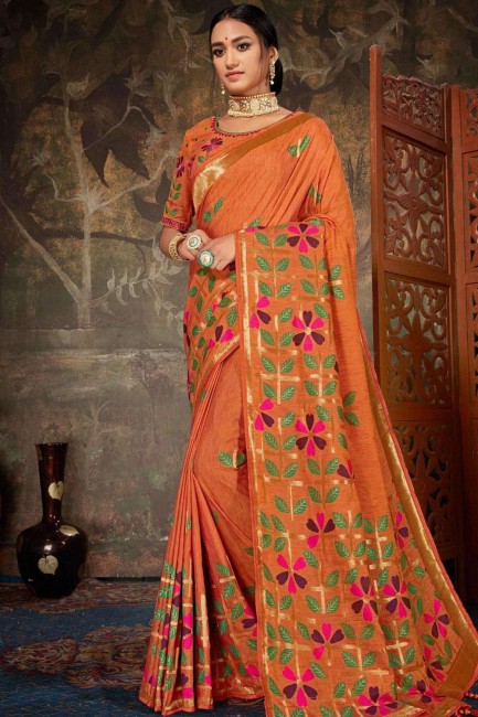 Saree in Orange Linen & Silk with Embroidered