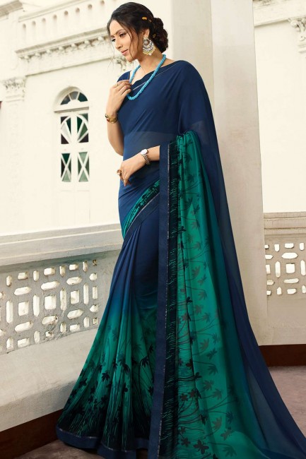 Georgette Printed Navy Blue Saree with Blouse