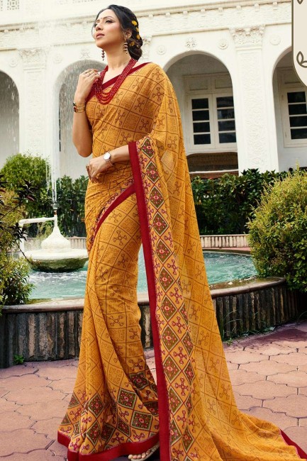 Printed Saree in Mustard Yellow Georgette