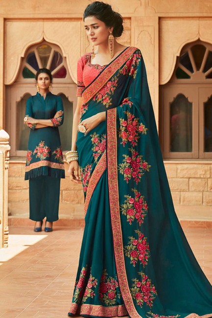 Embroidered Georgette & Satin Saree in Teal Blue