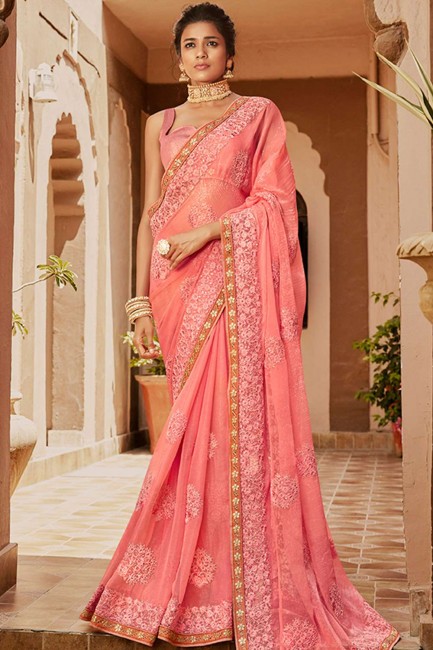 Chiffon Saree with Embroidered in Pink