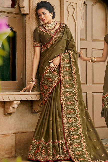 Olive Green Satin & Silk Embroidered Saree with Blouse