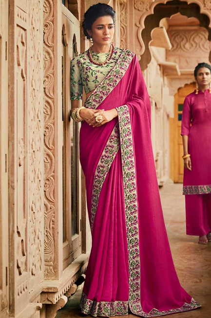 Silk Dark Pink Saree in Embroidered