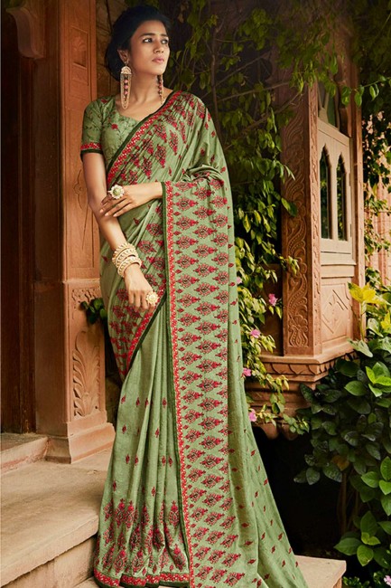 Elegant Light Green Embroidered Saree in Art Silk