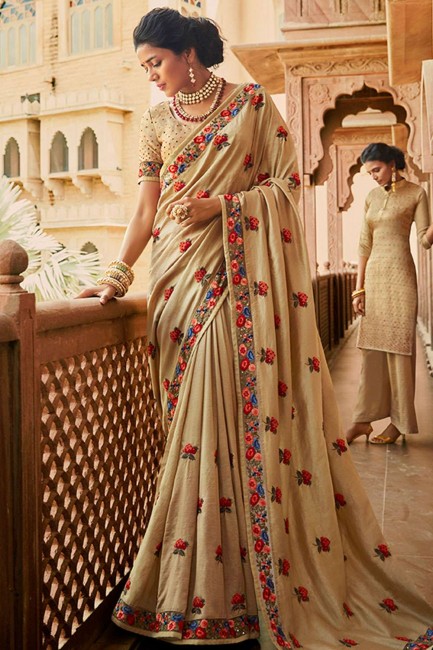 Embroidered Art Silk Saree in Beige with Blouse