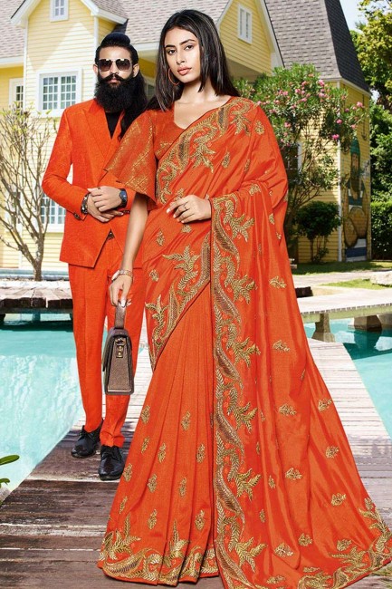 Dazzling Art Silk Embroidered Orange Saree with Blouse